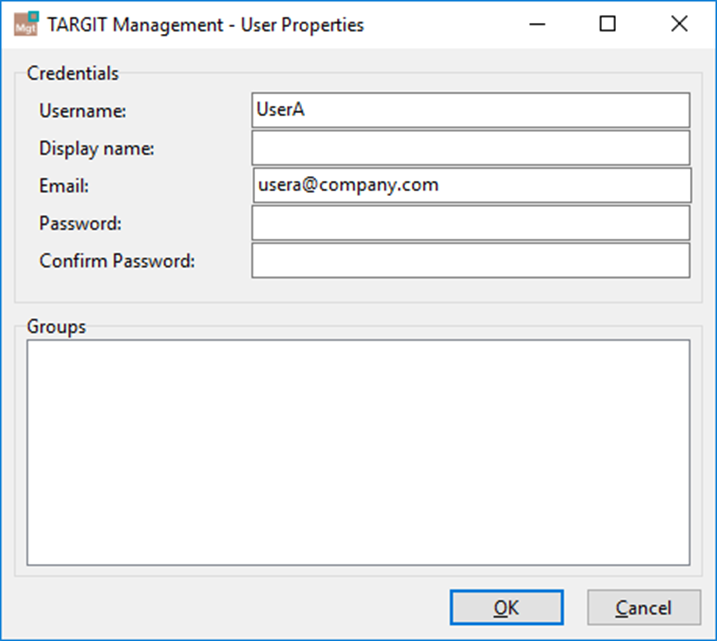 TARGIT Management-Dialog für Benutzereigenschaften mit Anmeldedaten und Gruppenfeld