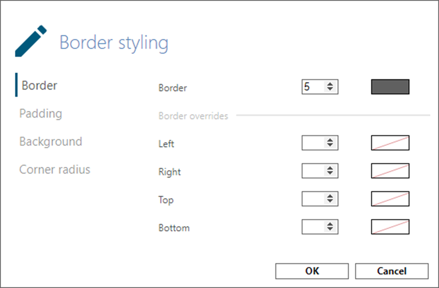 TARGIT Border Styling Dialog: Rahmenbreite und seitenspezifische Rahmen-Overrides